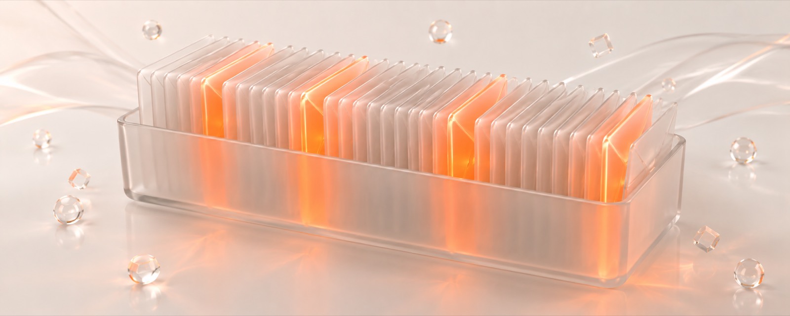 Bac de fiches en verre dépoli rempli d'enveloppes, quelques-unes irradient une lueur orange