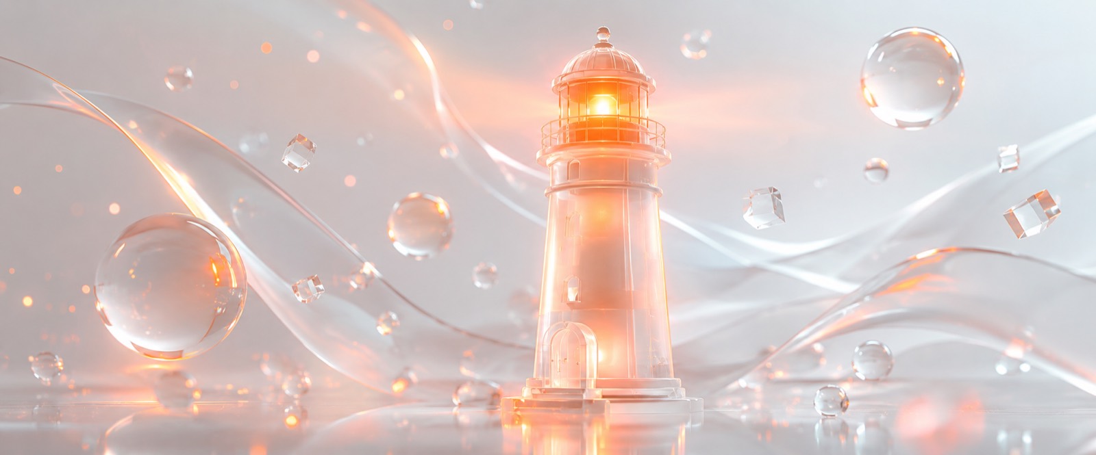 Phare en verre dépoli translucide dont la lanterne irradie un faisceau de lumière orange