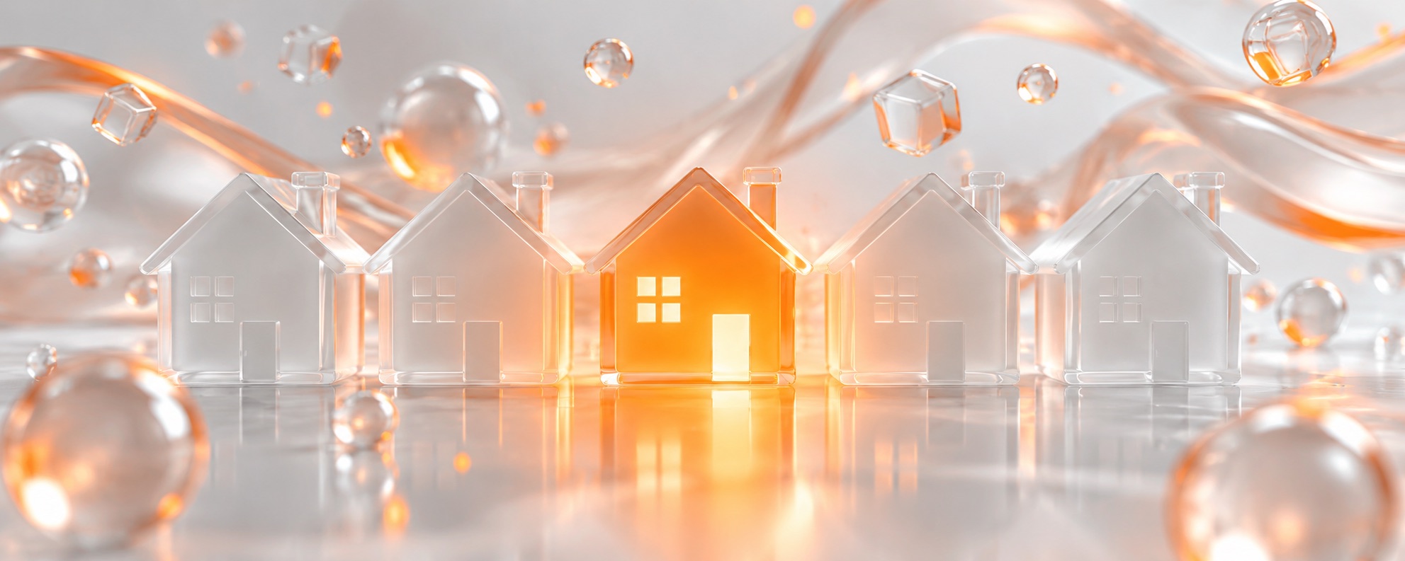 Cinq petites maisons en verre dépoli alignées, quatre éteintes et laiteuses, une seule au centre dont les fenêtres et la porte irradient une lueur orange