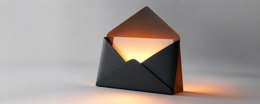 Enveloppe noire entrouverte laissant échapper une lueur orange