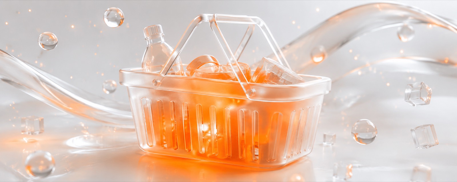 Panier de courses en verre dépoli translucide, à moitié rempli, irradiant une lueur orange de l'intérieur