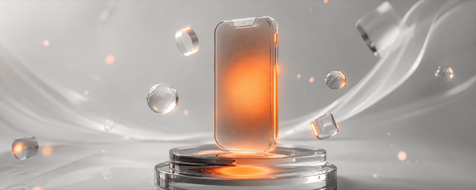 Smartphone en verre dépoli dont l'écran irradie une lueur orange, posé sur un socle de verre