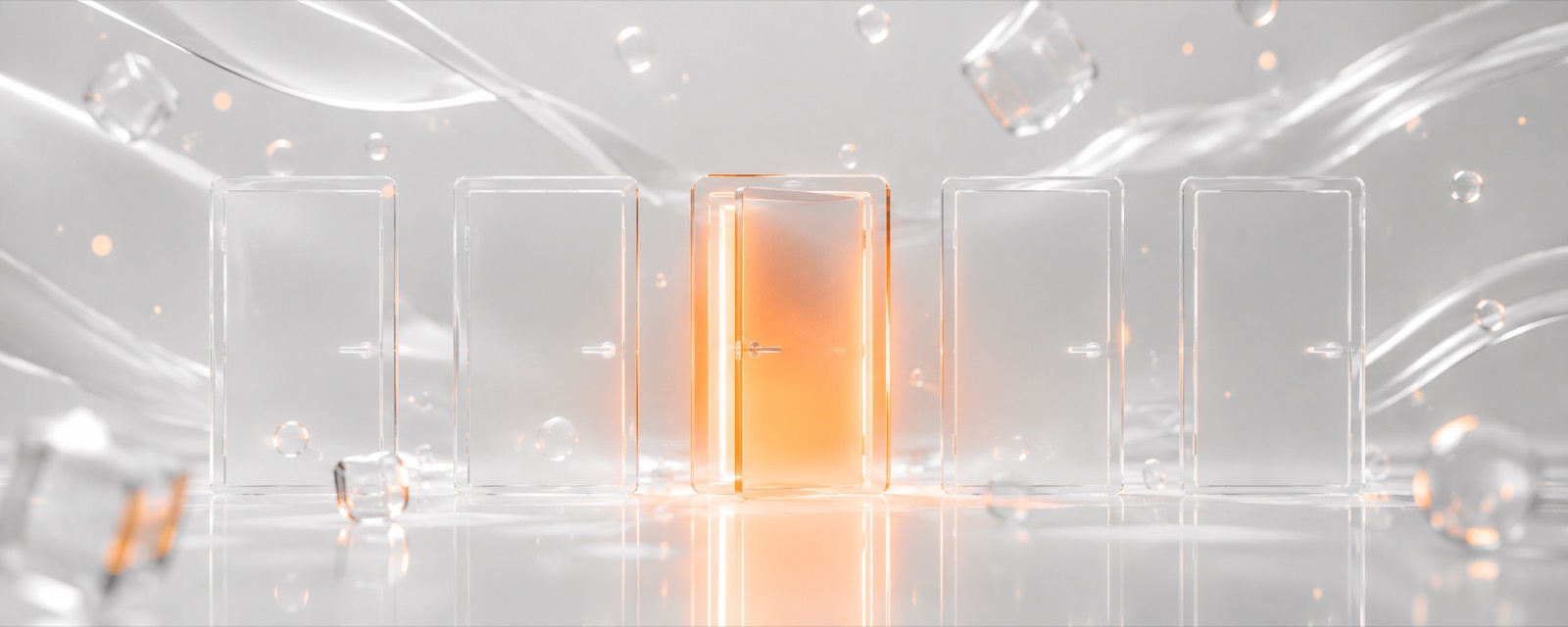 Cinq portes en verre dépoli, une seule entrouverte irradiant une lueur orange