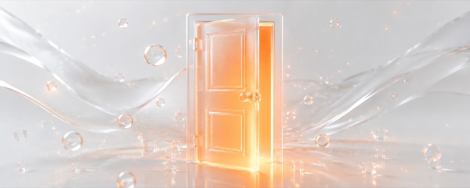 Porte entrebâillée en verre dépoli translucide, une lumière orange chaleureuse s'échappe de l'ouverture
